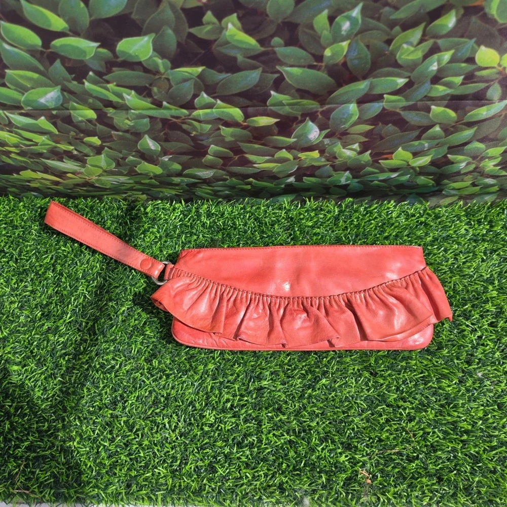 Hobo International Orange Red Ruffle Leather Wristlet Clutch Bag